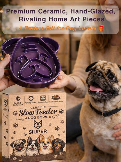 Art Ceramic Slow Feeder Pug Shape, 1.5 Cups Dog Bowl for Small & Medium Breed. Bite-Resistant, Dishwasher Safe, Maze Design to Prevent Fast Eating, Bloat, Choking. Gift for Pet Lovers, Purple