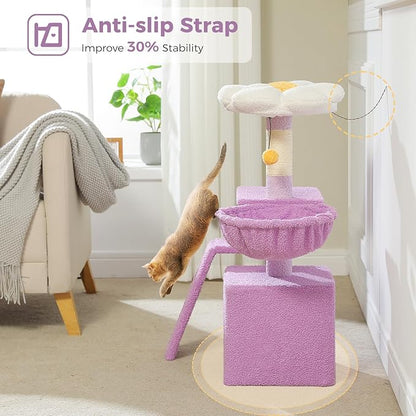 PETEPELA Flower Cat Tree for Indoor Cats, 32'' Small Cat Tower Cat Condo with Sisal Scratching Ramp, Cozy Hammock and Removable Flower Bed Perch for Kittens, Purple