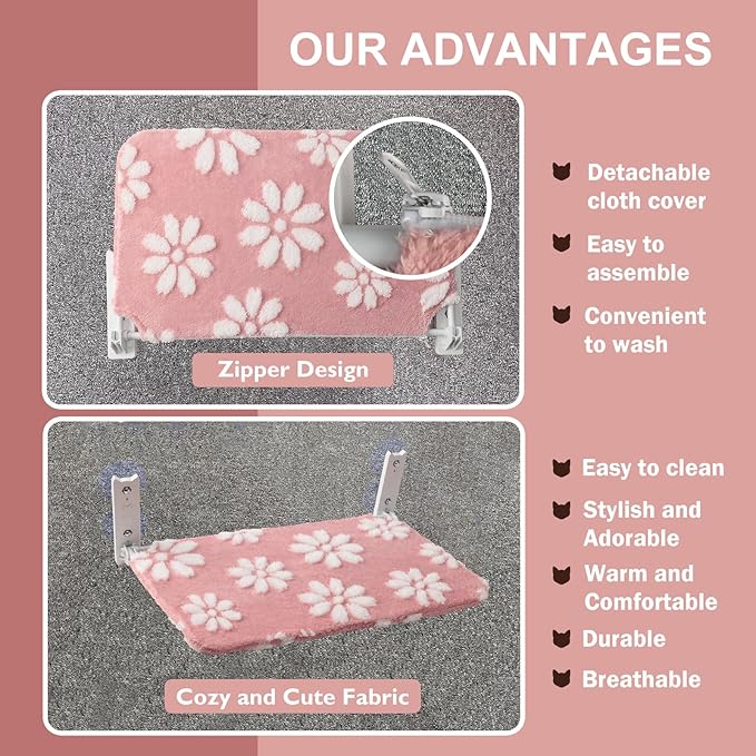 Cat Window Perch, Foldable Cat Window Hammock with Cute 3D Textured Flower Cover and Strong Suction Cups, Cordless Window Seat Bed for Indoor Cats (Pink, Large)
