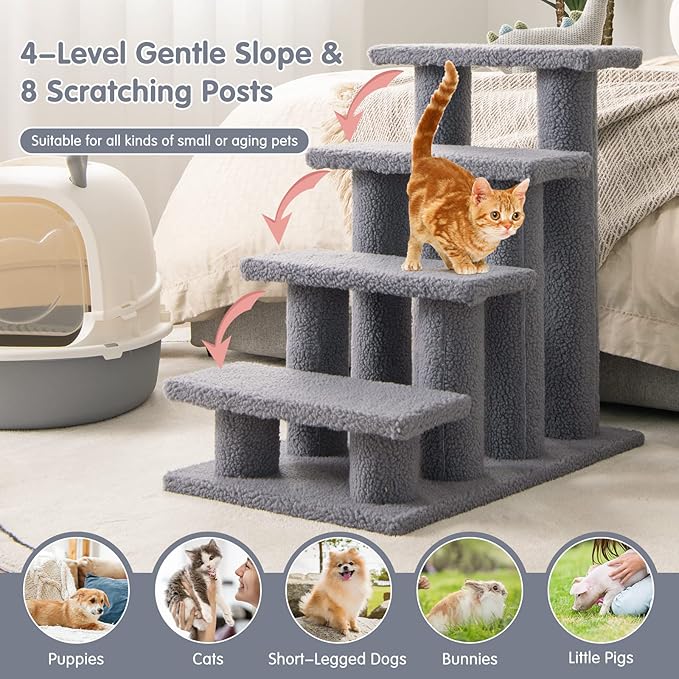 Tangkula Pet Stairs for Cats and Dogs, 4-Step Carpeted Ladder Ramp Cat Climber Cat Scratching Post, Multi-Step Dog Stairs for High Beds, Couch (Grey)