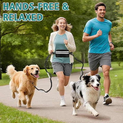 Hands Free Dog Leash for 2 Dogs with Safety Lock and Extra-Thick Waist Belt, Waist Leash for Dog Walking Running, Double Retractable Dog Leashes for Two Dogs with Double Padded Handles, Black