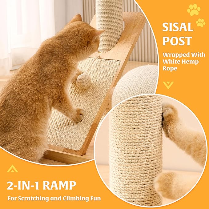 HITTITE Solid Wood Cat Tree Tower with Scratching Post, 37.8 Inches Tall Cat Towers with Scratching Board and Scratcher Ball, Modern Cat Tower With Space Capsule and Removable Top Bed for Indoor Cats.