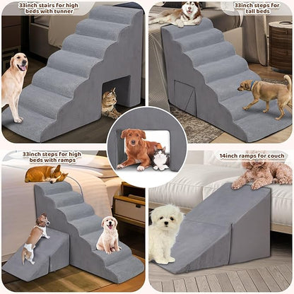 7-Step Dog Stairs for Bed 30-36" H, Dog Steps for High Bed, Pet Steps for Small, Older Pets, Non-Slip Balanced Pet Ramp Indoor, Grey