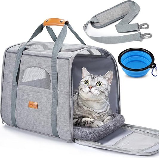 Morpilot Portable Cat Carrier - Soft Sided Cat Carrier for Medium Cats and Puppy up to 15lbs, Pet Carrier with Locking Safety Zippers, Foldable Bowl, Airline Approved Travel Dog Carrier - Light Gray