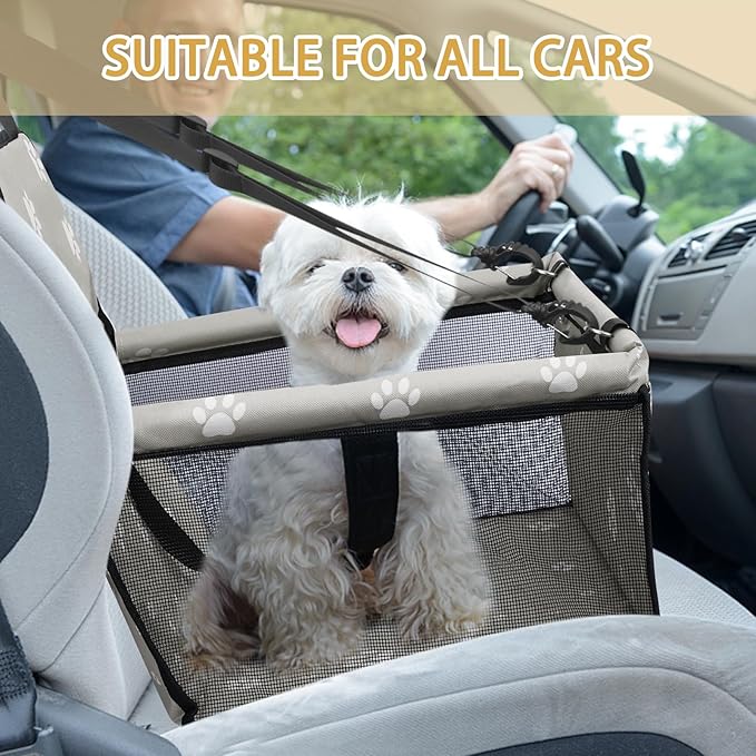 PetsHome Dog Car Seat Foldable Dog Car Booster Seat Waterproof Breathable Oxford Travel Bag for Small to Medium Dogs, Puppies, and Pets-Footprint Grey