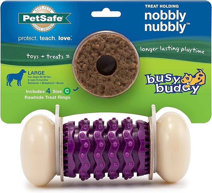 PetSafe Busy Buddy Nobbly Nubbly Treat Holding Dog Toy – Strong Chewers – Challenging - Treat Rings Included - Large