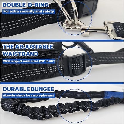Hands Free Dog Leash with Waist Belt & Large Zipper Pouch, Waist Leash for Dog Walking, Running & Hiking, Reflective Stitching & Dual Padded Handles, Ideal for Medium to Large Dogs (25–125 lbs)