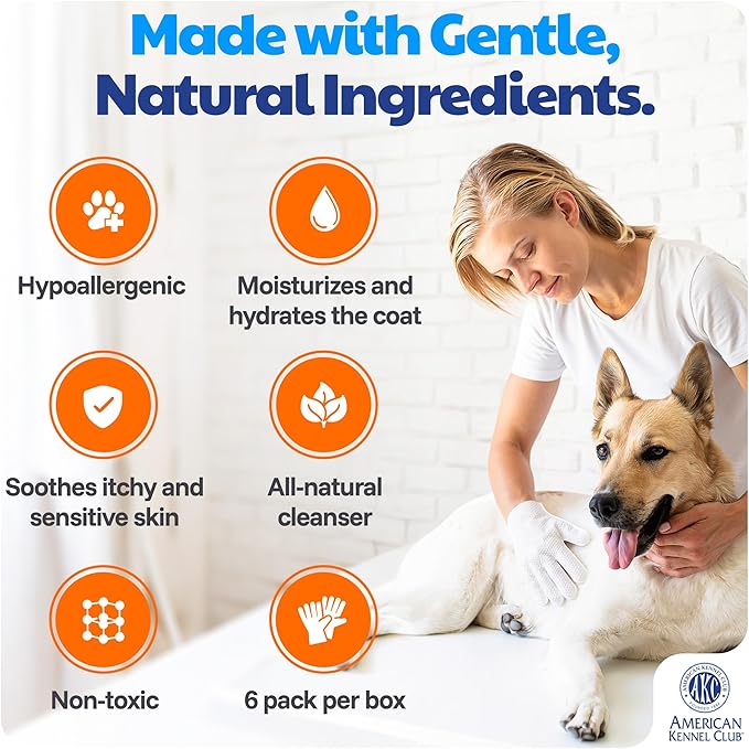 AKC Coconut-Scented Dog Bathing Glove Wipes, 6 Pack, No-Rinse Deodorizing Gloves for All Dog Sizes & Fur Types, Waterless Quick Cleaning for Paws, Fur & Travel