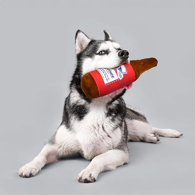 design LAB, Inc. Budweiser Beer Dog Toy | Official Merchandise Beer Bottle Squeaky Plush Toy for Dogs | 17 inch XL Extra Large Novelty Dog Toys for Fun and Fetch