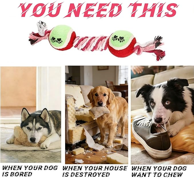 Rope Tennis Ball Toys for Aggressive Chewers, Durable Cotton Rope Tennis Ball Chew Toys for Small, Medium Dogs, Prevent Destructive Chewing, Fetch Toys for Dental Care & Training (2Pcs, Tennis)