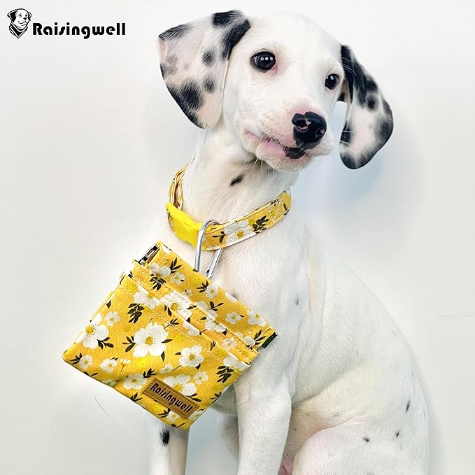 Raisingwell Dog Treat Pouch, Pocket Sized Pet Training Pouch, Cotton Fabric, Hand Free Yellow Flower Dog Walking Bag with Carabiner, Self-Closing Pet Feed Snack Reward, for Puppy Travel or Outdoor Use