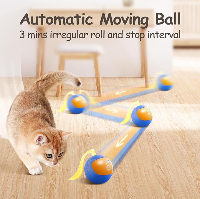 Migipaws 2-in-1 Interactive Cat Toy Ball – Paw Friendly Kicking Chasing Ball with Bonus Fluffy Tail for Indoor Cats Random Rolling Auto Escape Corners Tangle-Free Quiet USB Rechargeable (Blue)