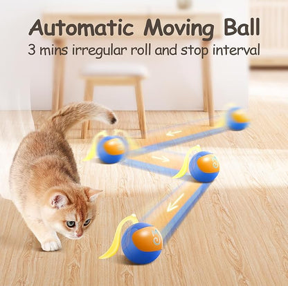 Migipaws 2-in-1 Interactive Cat Toy Ball – Paw Friendly Kicking Chasing Ball with Bonus Fluffy Tail for Indoor Cats Random Rolling Auto Escape Corners Tangle-Free Quiet USB Rechargeable (Blue)