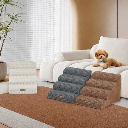Extra Wide 4-Step Dog Stairs for Bed & Couch up to 20" H, More Stable Non-Slip Cat Steps with Balanced Foam Structure, Stylish Indoor Dog Steps for Senior Dogs and Cats, Beige