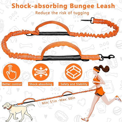 Hands Free Dog Leash with Zipper Pouch, Running Waist Leash for Dog Walking, Adjustable Waist Belt for Large Dogs, Reflective Bungee Design with Two Handle for Hiking, Training, Orange