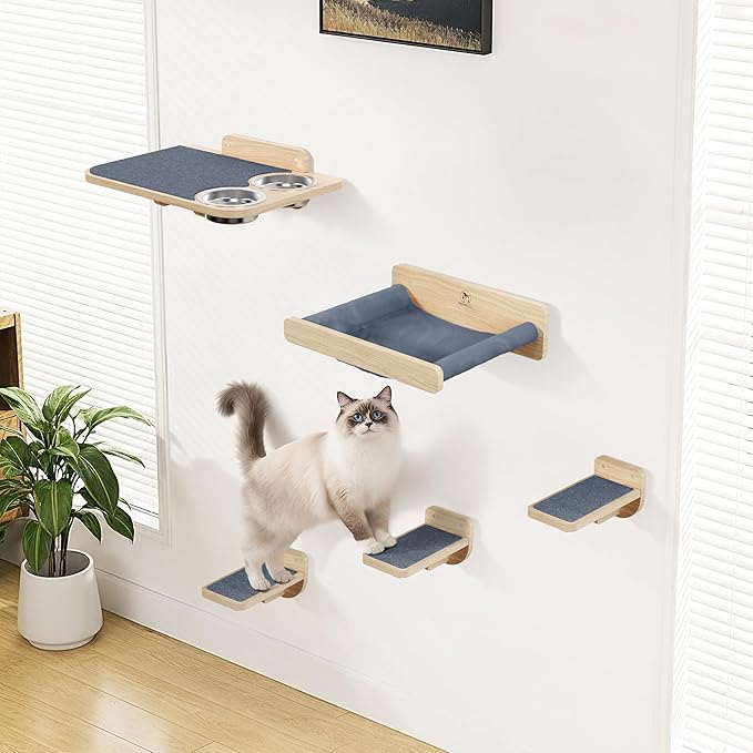 Space-Saving Cat Wall Shelves – Interactive Cat Wall Climber with Hammock & Dog Proof Feeding Station for Small & Medium Indoor Breeds – Solid Natural Wood with Gray Carpet