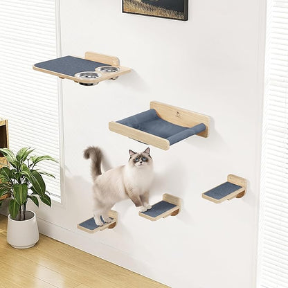 Space-Saving Cat Wall Shelves – Interactive Cat Wall Climber with Hammock & Dog Proof Feeding Station for Small & Medium Indoor Breeds – Solid Natural Wood with Gray Carpet