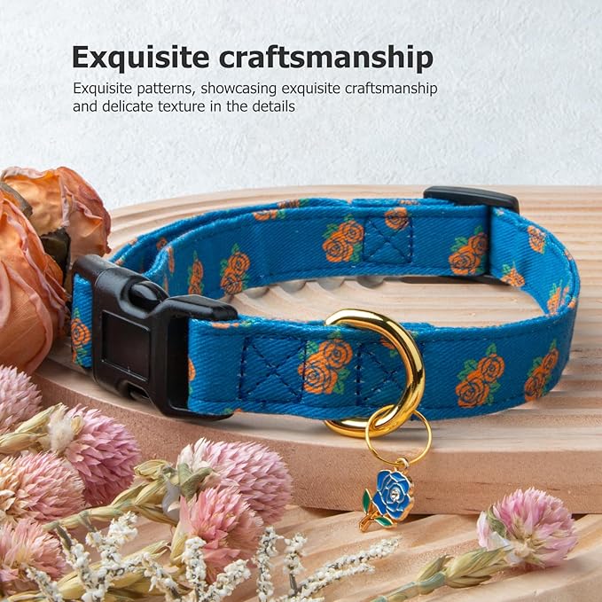 Cotton Handmade Dog Collar Cute and Distinctive Patterns Blue Rose with Pendant for Girl Boy Dogs Collars S