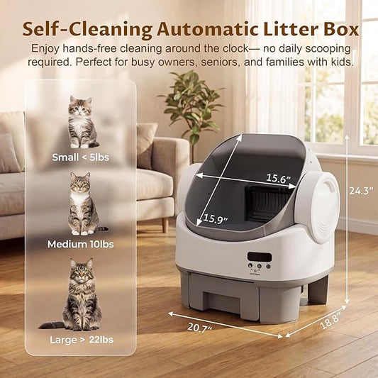 Greesum Self Cleaning Cat Litter Box, No App or WiFi Required, Open-Top Automatic Litter Box for Multiple Cats, 10-Day Capacity, Safety Sensors, Odor Control