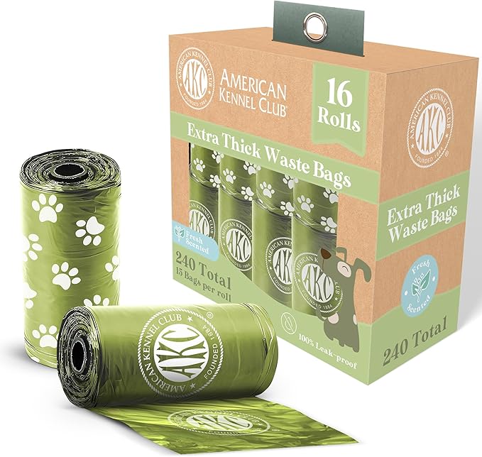 American Kennel Club Extra Thick Dog Poop Bags - Leak-Proof and Scented Waste Bags - 240 Count (16 Refill Rolls) - Durable, Heavy-Duty, Fits Standard Dispensers