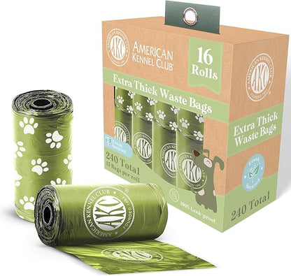 American Kennel Club Extra Thick Dog Poop Bags - Leak-Proof and Scented Waste Bags - 240 Count (16 Refill Rolls) - Durable, Heavy-Duty, Fits Standard Dispensers
