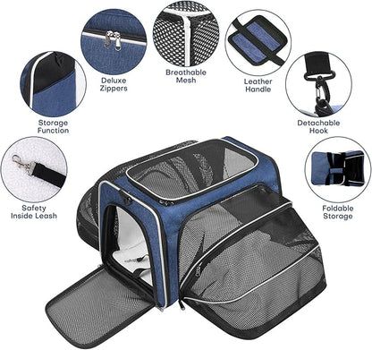 Premium Pet Carrier – Dog & Cat Travel Bag, Airline Approved, Soft-Sided Design for Small to Large Pets, TSA Compliant, Expandable & Collapsible (Blue)