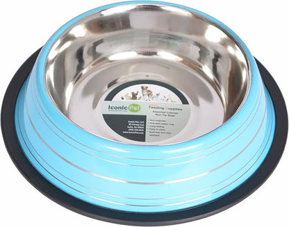 Iconic Pet Color Splash Stripe Non-Skid Stainless Steel Dog & Cat Bowl - Blue, 24 Oz, 3 Cup, Durable, Easy to Clean, Anti-Slip Feeding Dish for Food & Water, Stylish Design for Dogs and Cats