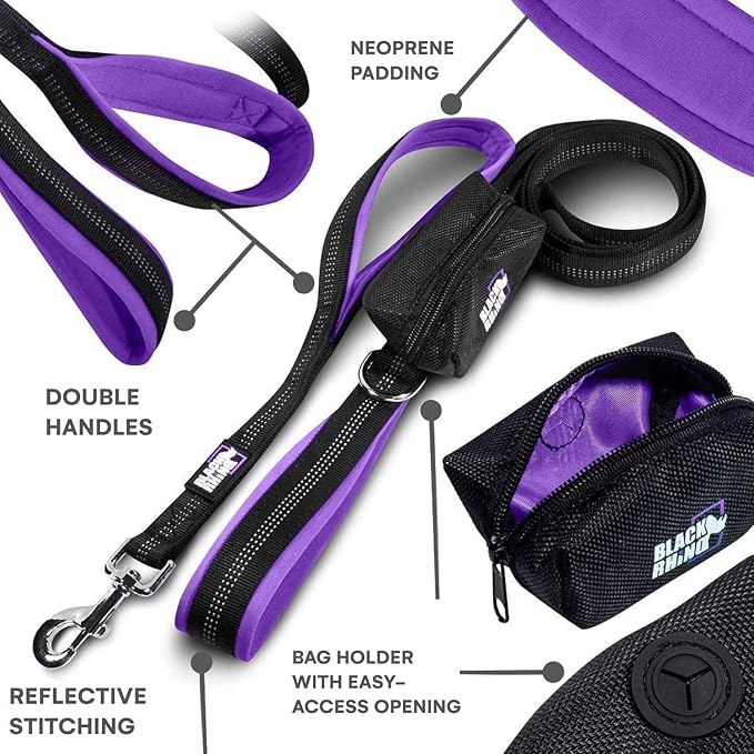 Black Rhino 6 ft Long Heavy Duty Dog Leash with Traffic Handle for Medium and Large Dogs - Padded Neoprene Dual Handles, Bag and Clip - Reflective, Durable, and Weather Resistant - Purple