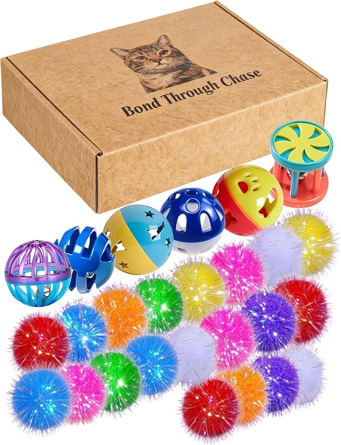 26 Pcs Cat Ball Toys Set for Indoor Cats, Bored Kitten Interactive Bell Balls & Shiny Fluffy Spheres (1.5'' - 2.1'')