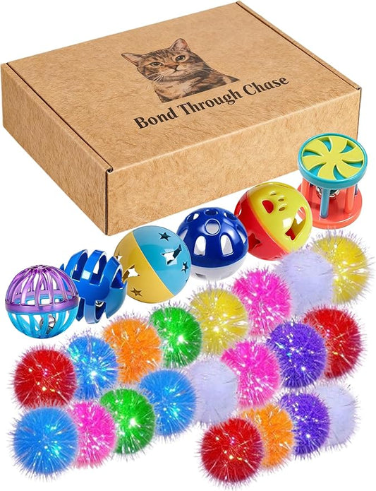 26 Pcs Cat Ball Toys Set for Indoor Cats, Bored Kitten Interactive Bell Balls & Shiny Fluffy Spheres (1.5'' - 2.1'')