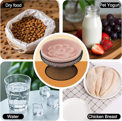 Raised Ceramic Cat Slow Feeder Bowl Elevated Food Bowl with Stand, Cat Slow Bowl for Wet Food and Dry Food, Whisker Friendly Pet Feeder for Kitty and Small Dog