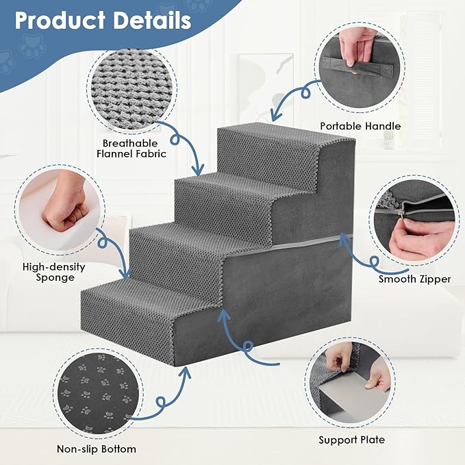 DUMOS Dog Stairs for Small and Medium Dogs, 4-Step Pet Steps with High-Density Foam, Indoor Non-Slip Pet Ramp for Puppy and Older Dogs Cats, Dog Bed Stairs for Couch and Sofa, Grey