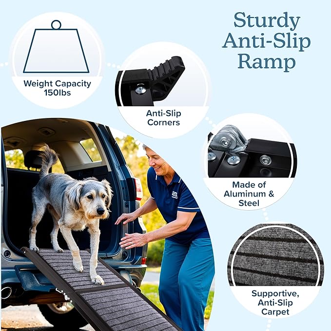 Dog Ramp - 72” x 19.5” Folding Dog Ramp for Car, Truck, SUV, or RV - Portable Ramps for Large Pets with Non-Slip Rug Surface - Pet Travel Accessories by PETMAKER (Black)