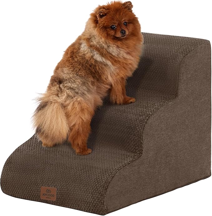 Joydeco Dog Stairs for Bed 17.1" H, 3-Step Pet Steps for Small Dogs and Cats, Dog Steps for High Bed, Non-Slip Balanced Ramp Indoor Pet Stairs, Brown