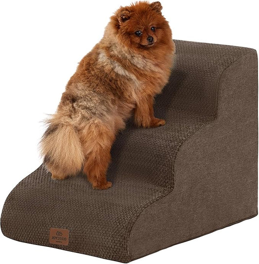 Joydeco Dog Stairs for Bed 17.1" H, 3-Step Pet Steps for Small Dogs and Cats, Dog Steps for High Bed, Non-Slip Balanced Ramp Indoor Pet Stairs, Brown
