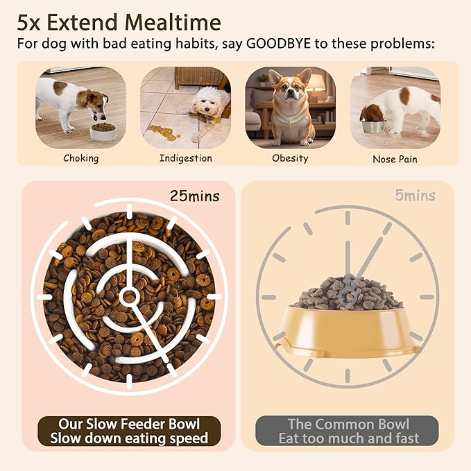 Elevated Slow Feeder Dog Bowl - Ceramic Maze Food Dish with Bamboo Stand - Raised Feeding Bowl for Fast Eaters - Ideal for Small and Medium Dogs - Milky White - 6.7 inch