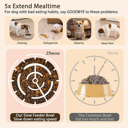 Elevated Slow Feeder Dog Bowl - Ceramic Maze Food Dish with Bamboo Stand - Raised Feeding Bowl for Fast Eaters - Ideal for Small and Medium Dogs - Milky White - 6.7 inch