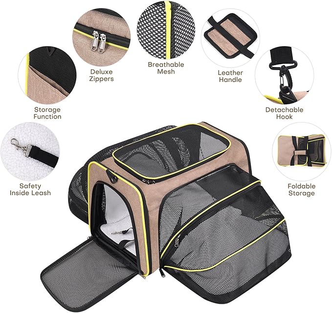 Premium Pet Carrier – Dog & Cat Travel Bag, Airline Approved, Soft-Sided Design for Small to Large Pets, TSA Compliant, Expandable & Collapsible (Brown)