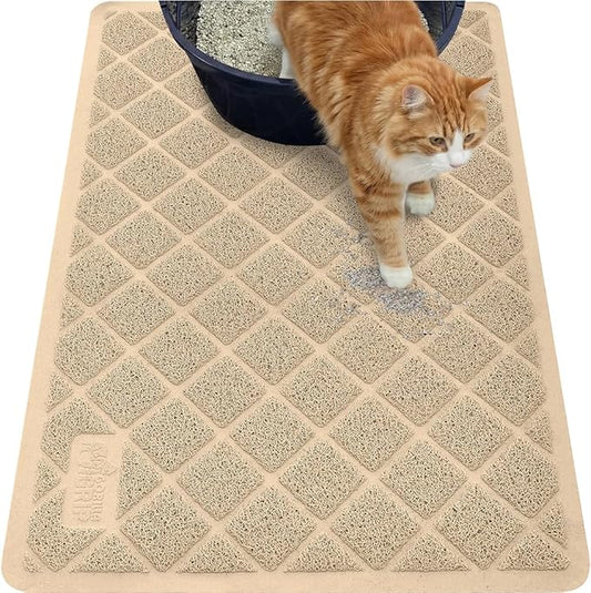 GORILLA GRIP Cat Litter Box Mat, 35x23, Cushioned Coil Mesh Litter Trapping Mats, Scatter Control Supplies for Less Mess, Phthalate Free, Ultra Deep Catch Grooves, Rinse or Vacuum to Clean, Beige