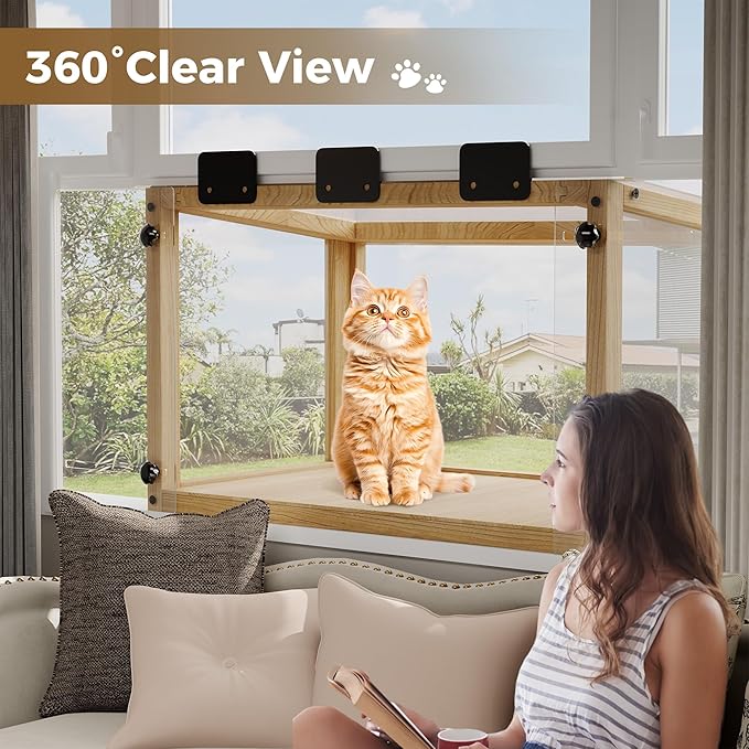 Waterproof Window Cat Perch Catio, Solid Wood Cat Window Box with Clear Acrylic Panels, Outdoor Cat Enclosure for Indoor Cats, Window Catio for Single-Hung Windows 24–35 in