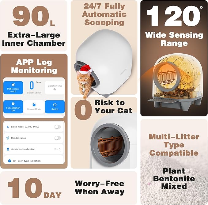 Greesum Smart Self-Cleaning Cat Litter Box, Fully Enclosed Automatic Litter Box with App Control, Safety Sensors& Large Capacity for Multi-Cat Homes, Includes Waste Bags & Mat