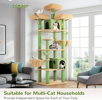 Globlazer Cactus Cat Trees and Towers for Multiple Adult Cats, 82-inch XXL Tall Cat Tree Tower for Indoor Cats with Scratching Post, 3 Perches, 2 Condos, 2 Hanging Baskets, F82, Green