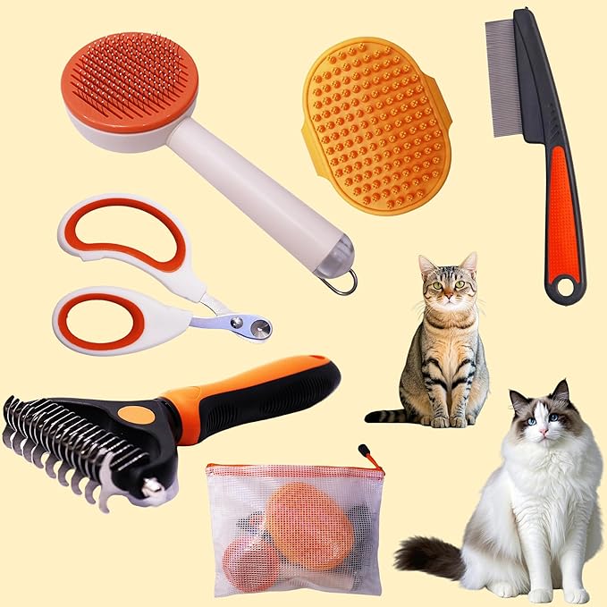 Cat grooming kit,5pcs Deshedding Brush for Cat with Kitten Nail Clipper,Cat Brush,Flea Comb and Bath Brush,Suitable for Short and Long Haired Cats,Indoor Cats and Travel,Orange