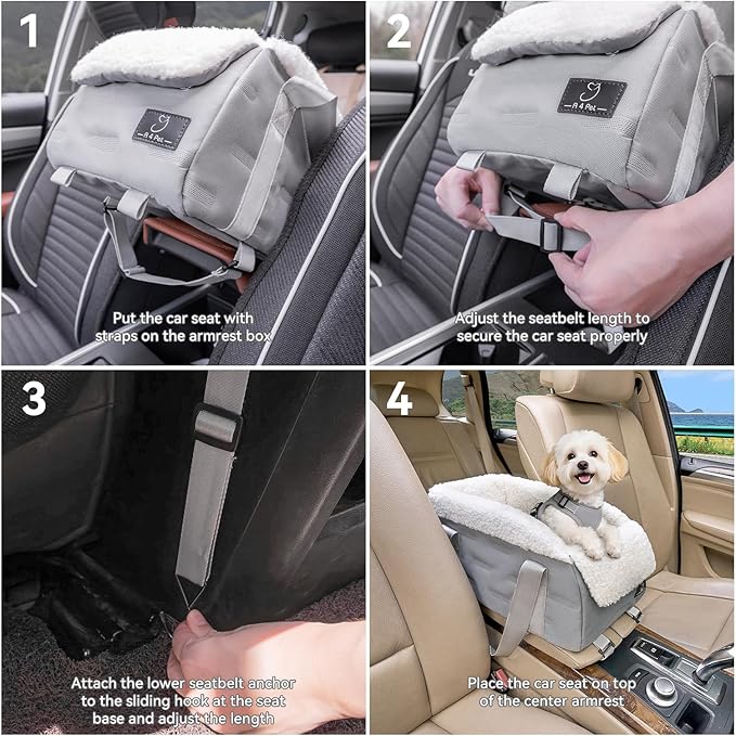 Center Console Dog Car Seat for Small Dogs Under 12 lbs – Secure Booster Seat with Safety Tether, Fits Most Cars & SUVs, Soft Washable Cushion, Portable Carrier Ideal for Pet Travel