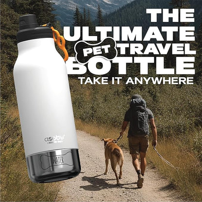 asobu Buddy Bottle a Stainless Steel Insulated Water Bottle for with Removable Dog Water Bowl and Dog Food and Treat Storage Bowl (White, 34 oz Water Bottle | 2 Bowls)