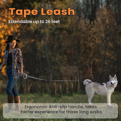 Retractable Dog Leash – Extendable up to 26 FT, Heavy Duty Nylon Tape, No-Tangle, One-Handed Brake & Lock, for Small to X-Large Dogs up to 110 lbs (Black)