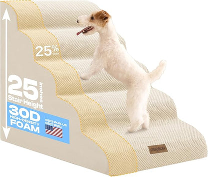 Extra Wide Dog Stairs for Large Dogs Up to 80lbs, 25" Pet Steps for High Bed with Washable Cover, 5-Step Foam Bed & Couch Ladder for Small Medium Dogs & Senior Cat, Beige