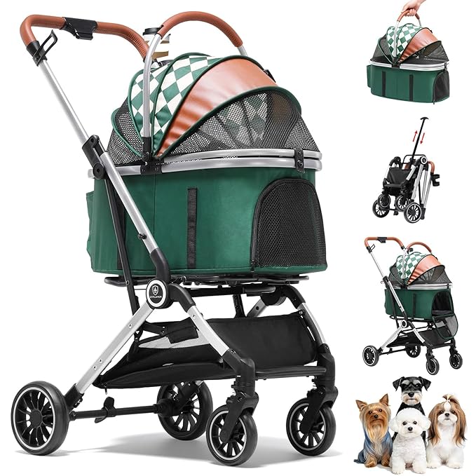GTPLAYER Pet Stroller for Dogs & Cats, 3-in-1 Foldable Pet Stroller with Detachable Carrier, 360° Swivel Front Wheels & Rear Brakes, Up to 45 lbs, Green