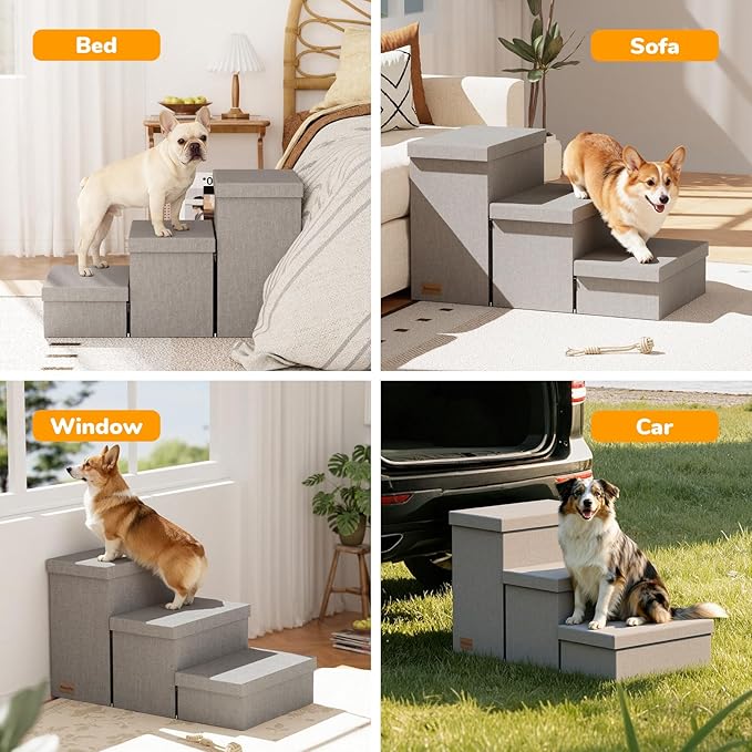 3-Step Wide Dog Stairs 18" H with Removable Cover, Non-Slip Storage Pet Steps for High Bed Couch, Pet Stairs for Small/Medium/Large Old Dogs Puppy Up to 200lbs, Cat Dog Steps for Car, Grey