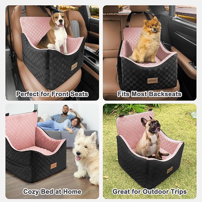 JOEJOY Elevated Dog Car Seat for Small/Medium Dogs up to 35 lbs, Memory Foam Booster Seat with Detachable Washable Cover, Travel-Safe Car Bed with Safety Belts & Storage Pockets, Pink